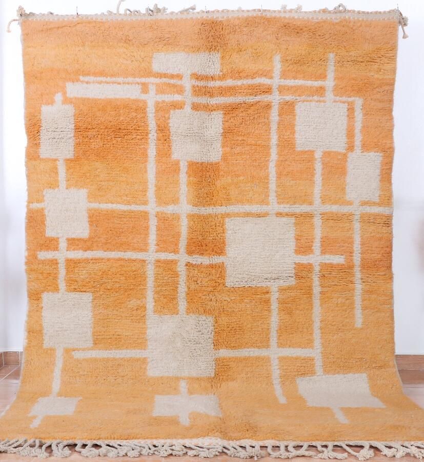 Poufs&Pillows Handgeweven Berber Tapijt ''Beni Ouarain'' Oranje Wit 240 x 165 cm Uniek en handgemaakt Modern vloerkleed Hoogpolig