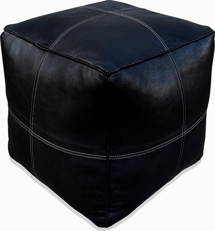 Poufs&Pillows Leren poef Zwart Vierkant Modern Handgemaakt 40 × 40 × 40 cm Gevuld geleverd