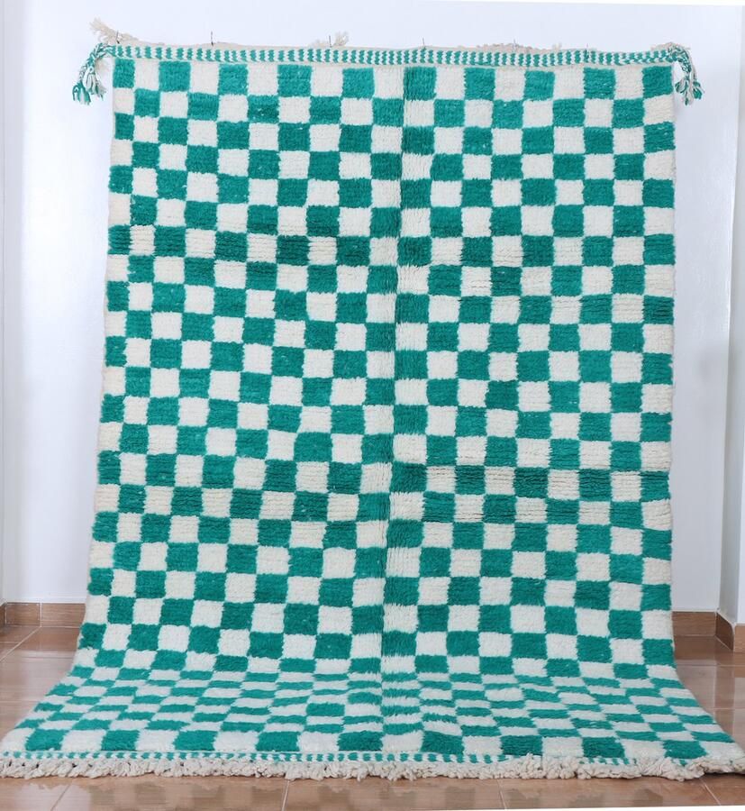 Poufs&Pillows Modern geblokt tapijt groen-wit 250 x 160 cm Handgeknoopt vloerkleed hoogpolig tapijt Marokkaanse tapijt Berber vloerkleed