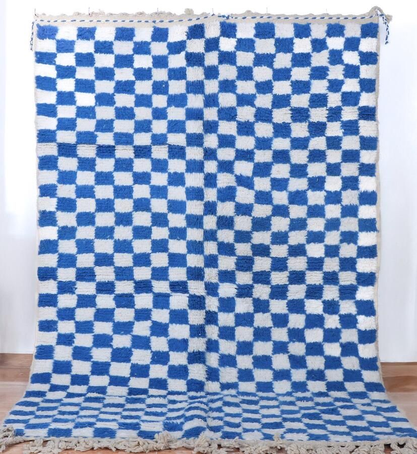 Poufs&Pillows Modern geruit tapijt blauw-wit 250 x 150 cm Handgeknoopt vloerkleed hoogpolig tapijt geblokt tapijt Berber vloerkleed