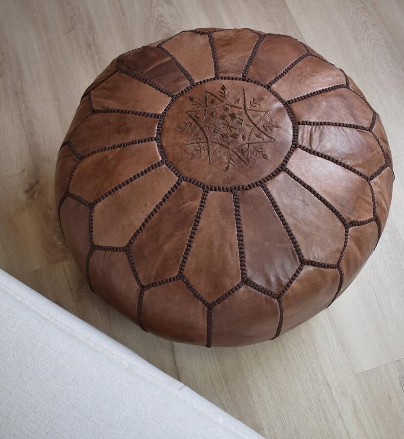 Poufs&Pillows Poef rond Bruin Poef leer Handgemaakt en stijlvol Gevuld geleverd
