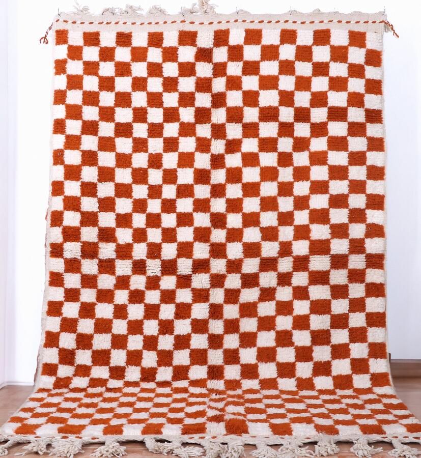 Poufs&Pillows Traditioneel geruit tapijt oranje-wit 250 x 150 cm Handgeknoopt vloerkleed hoogpolig tapijt geblokt tapijt