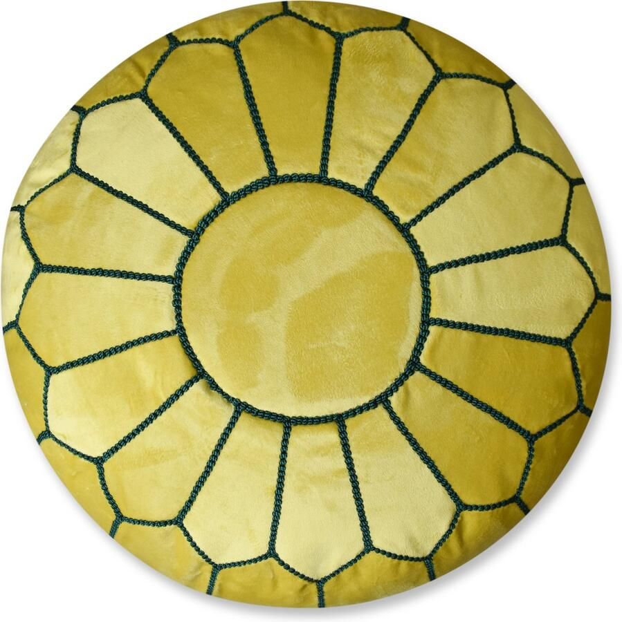 Poufs&Pillows Velvet poef rood Ronde poef Fluwelen poef turquoise en groen Handgemaakt en uniek Gevuld geleverd Ideaal voor je woon- slaap- of kinderkamer met leuk geel stiksel - Foto 2