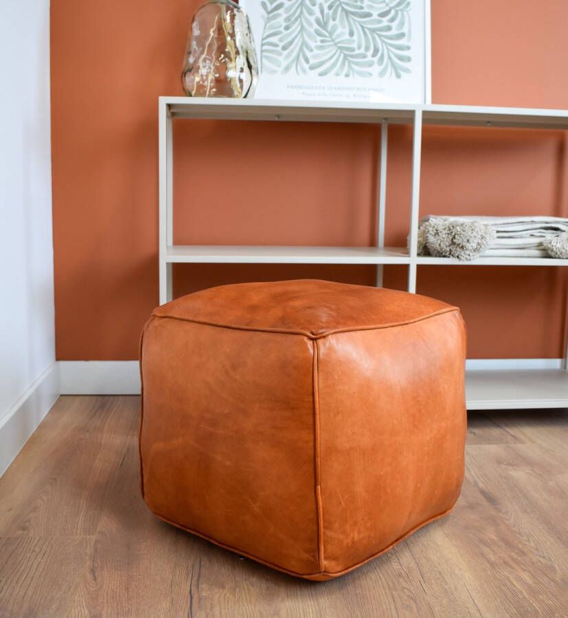 Poufs&Pillows Vierkante leren poef Honing bruin Handgemaakt 40x40x35 Gevuld geleverd