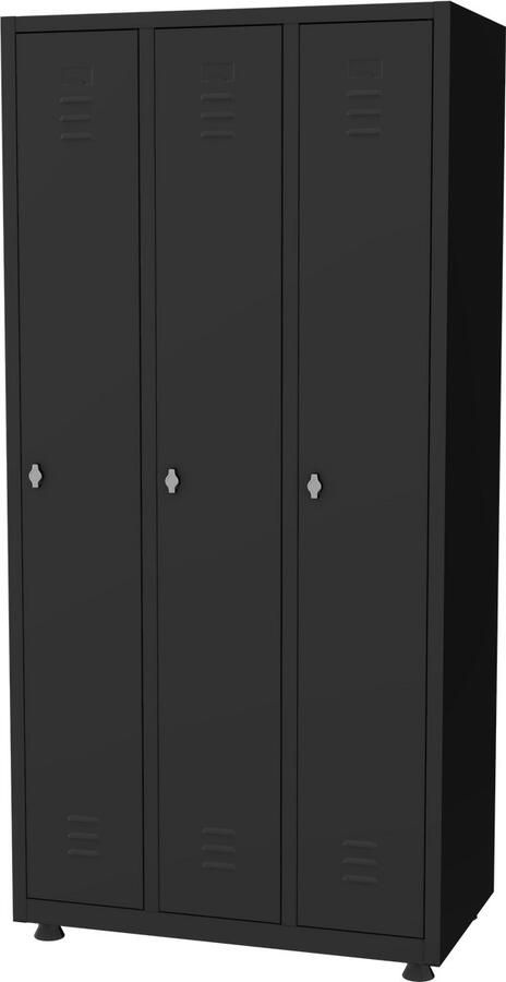 Povag Lockerkast 3 delig 3 deurs Hang- en legruimte 180x88 5x50 cm Zwart Draaiknopslot voor hangslot metalen locker PLP.301.01