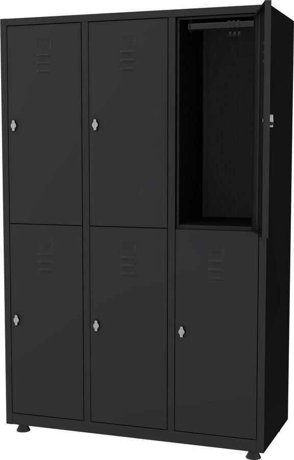 Povag Lockerkast 3 delig 6 deurs Hang- en legruimte 180x118 5x50 cm Zwart Extra breed Draaiknopslot voor hangslot metalen locker PLP.302.02