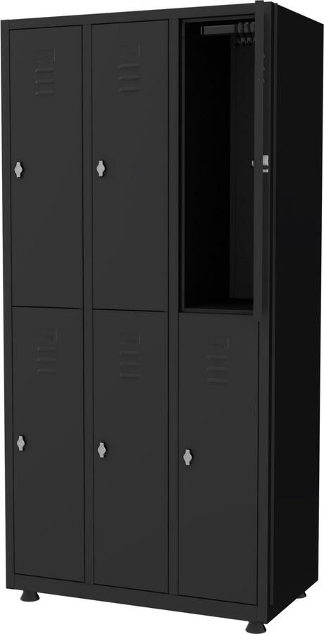Povag Lockerkast 3 delig 6 deurs Hang- en legruimte 180x88 5x50 cm Zwart Draaiknopslot voor hangslot metalen locker PLP.302.01