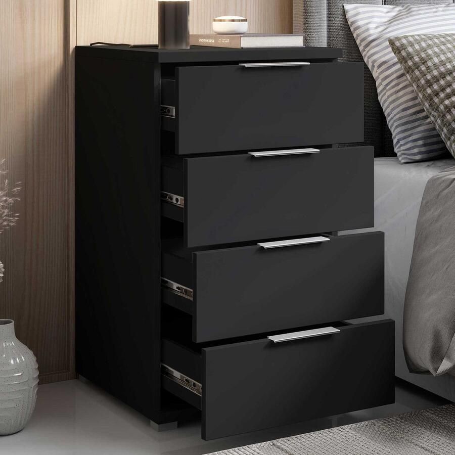 Emob Nachtkastje Nacho 46cm met 4 lades zwart Slaapkamerkasten Zwart Kunststof; Spaanplaat Slaapkamerkasten Op voorraad