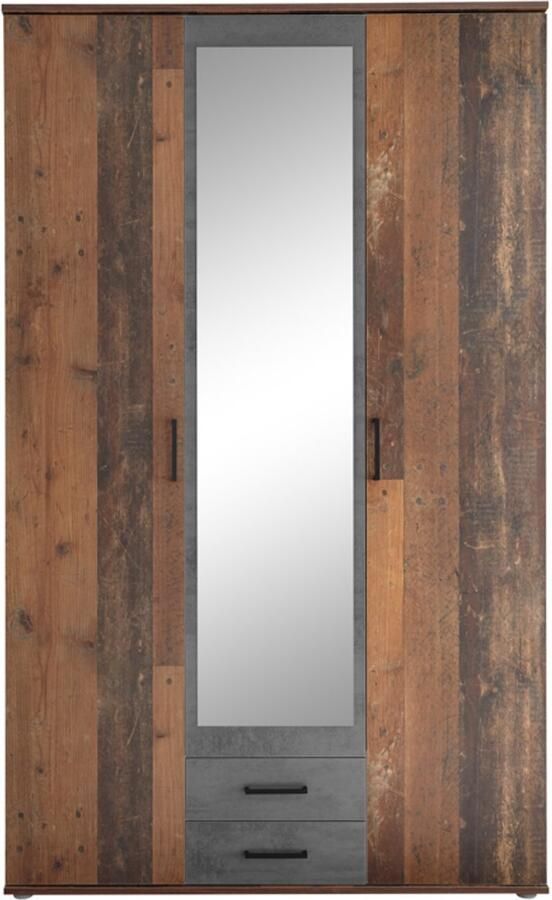 Emob Kledingkast Ellis 120cm met 3 deuren 2 lades & spiegel old style beton Slaapkamerkasten Bruin Spiegel; Spaanplaat Slaapkamerkasten Op voorraad - Foto 6