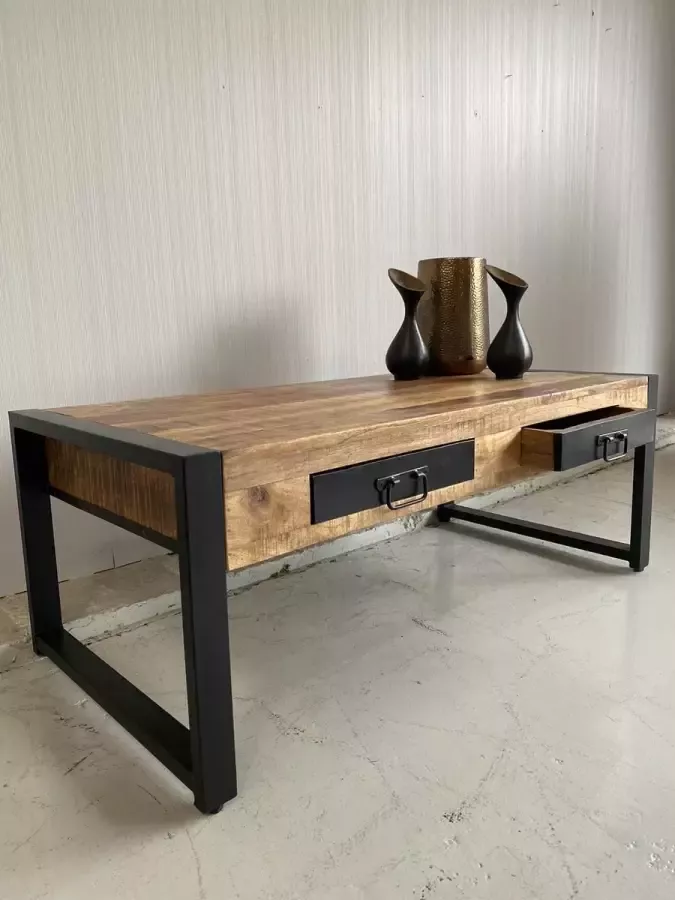 Mangoe Meubels Salontafel Daan met 2 lade 120x60x45 cm mangohout en metaal