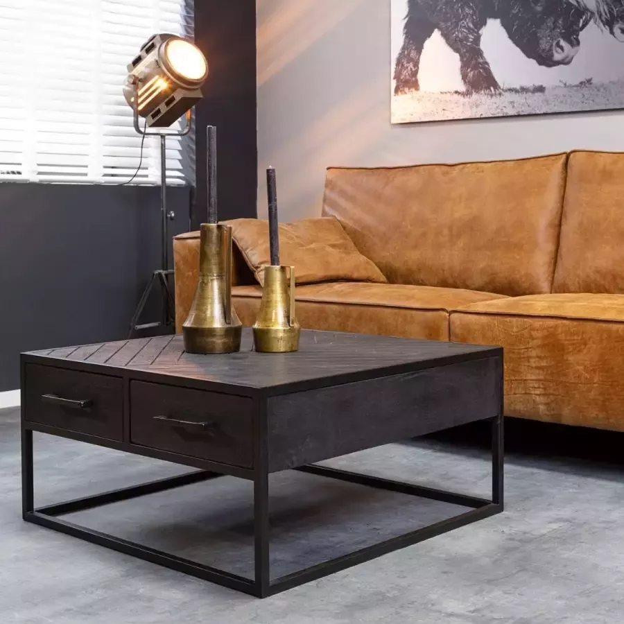 Mangoe Meubels Salontafel Oliver 80x80x40 cm zwart mangohout en metaal