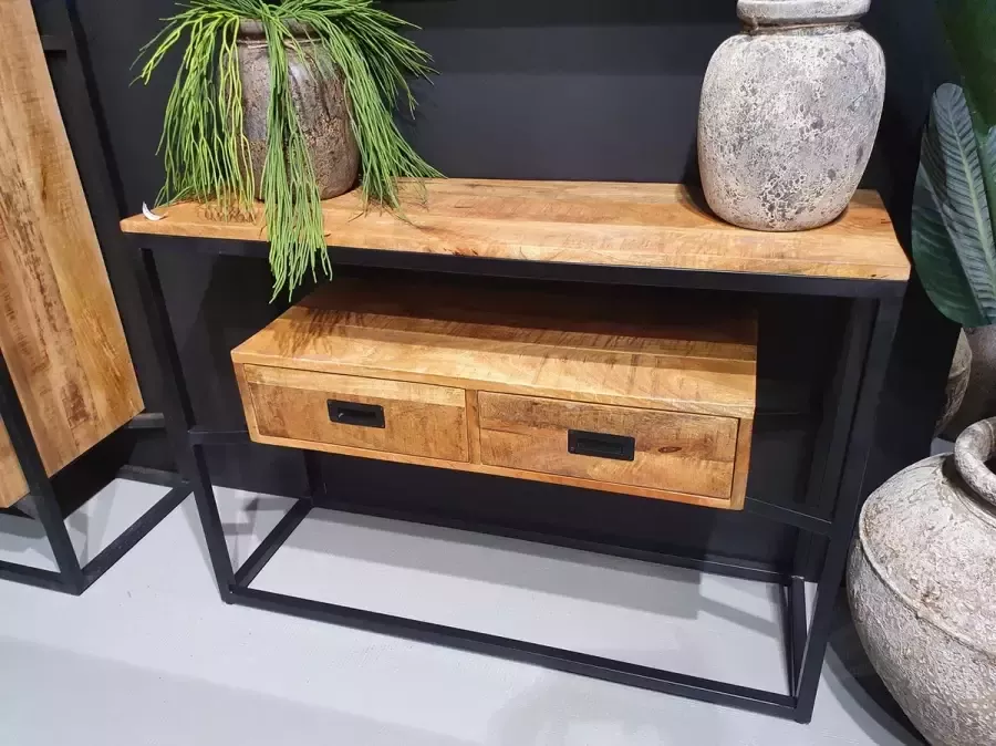 Mangoe Meubels Sidetable Bowie 110x35x77 cm met 2 laden mangohout en metaal