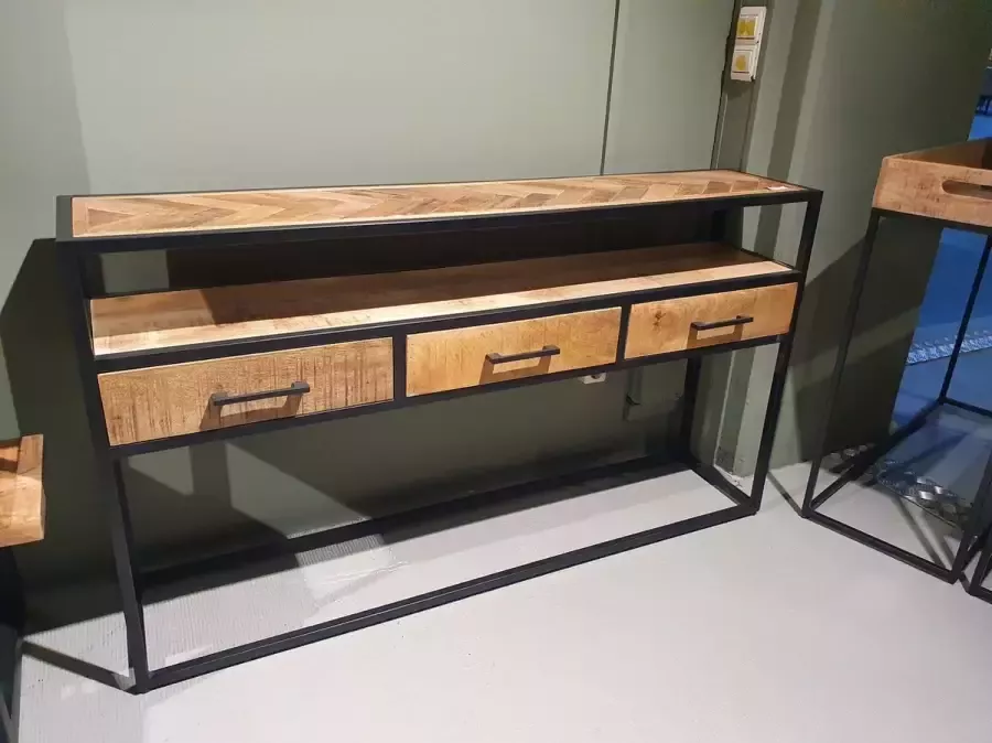 Mangoe Meubels Sidetable Jaivy 140x30x78 cm met 3 laden mangohout en metaal