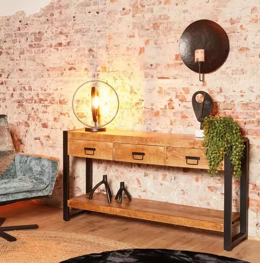 Mangoe Meubels Sidetable Consoletafel Dressoir Lucas met 3 laden 150x35x76 cm mangohout en metaal