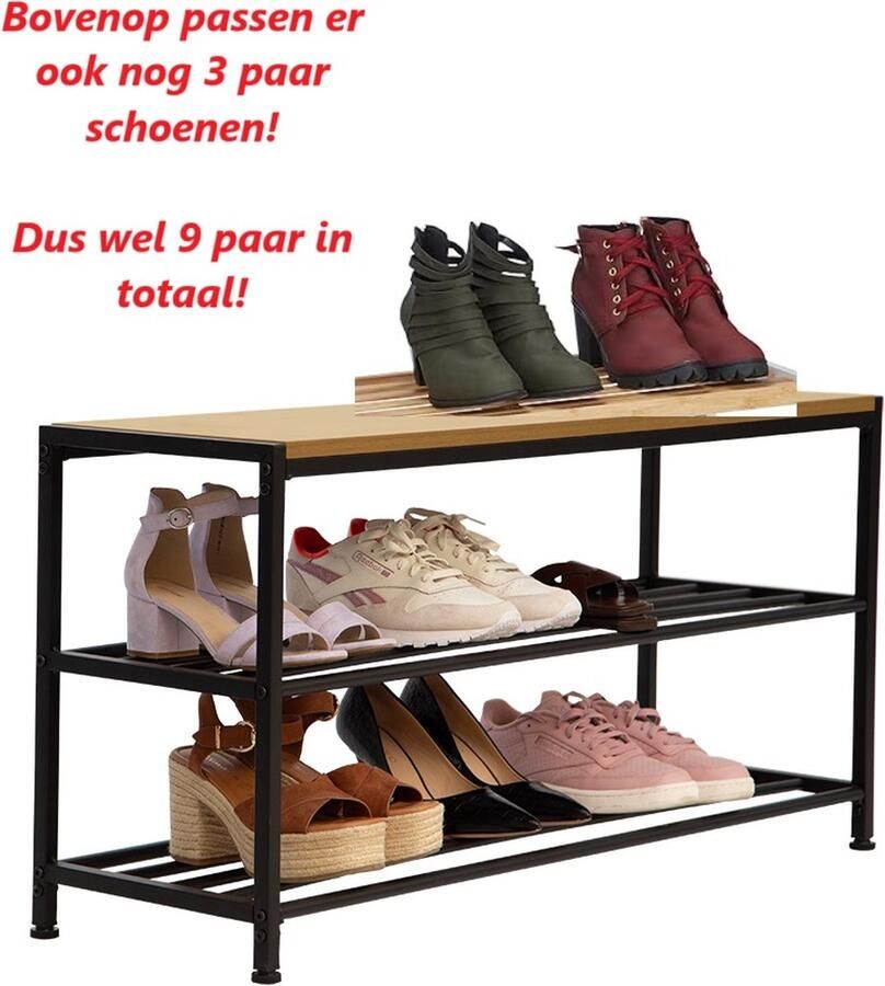 Practo Home Schoenenrek 6 tot 9 paar zwart met houten blad eenvoudige montage