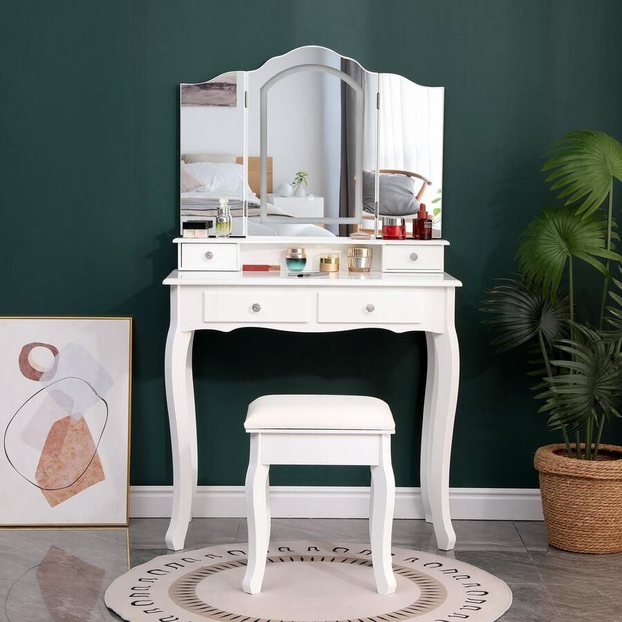 PrettyCoolTradings Luxe Make Up Tafel Kaptafel Met Spiegel en Verlichting Make Up Organizer Sieradendoos Make Up Spiegel Wit Met Krukje