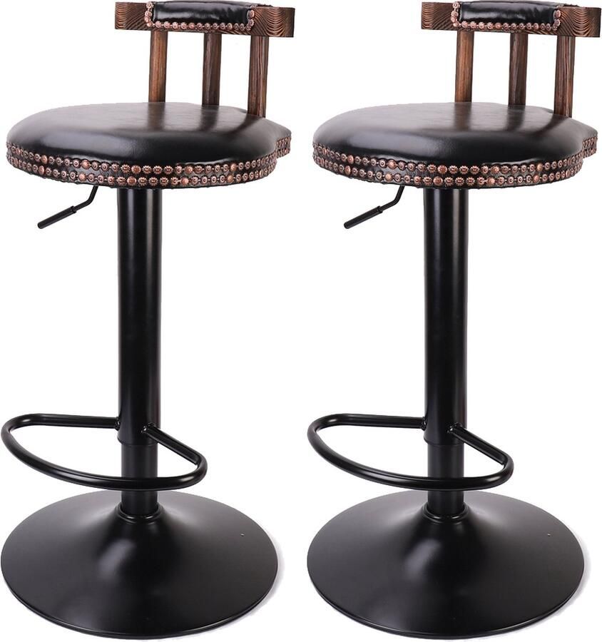 PrimePicks Retro Barkruk Set van 2 Verstelbaar Echt Leer Verstelbare Hoogte 360 Graden Draaibare Functie 36x33x75cm Zwart