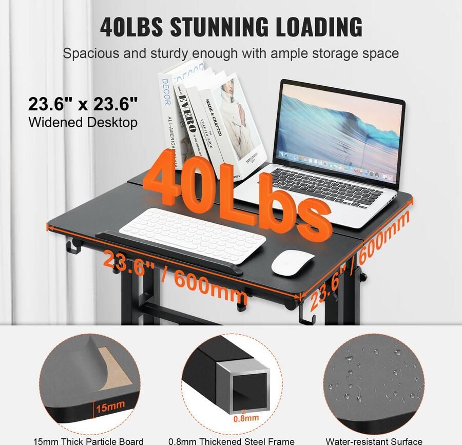 PrimePicks Zit-Sta Bureau Verstelbaar 670 tot 1140 mm Kantelbaar 360 ° Draaibare Wielen Ruim Werkoppervlak Zwart