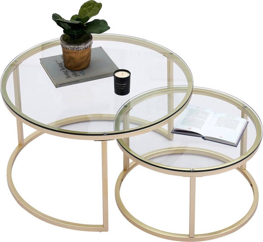 Primero Bijzettafel salontafel luxe salontafel rond Set van 2 Moderne look Glas Goud 60 en 40 cm