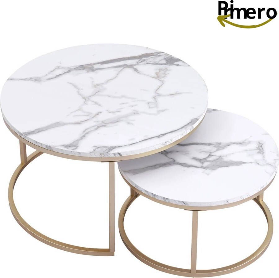 Primero Bijzettafel salontafel luxe salontafel rond Set van 2 Moderne look Marmer Goud 80 en 60 cm