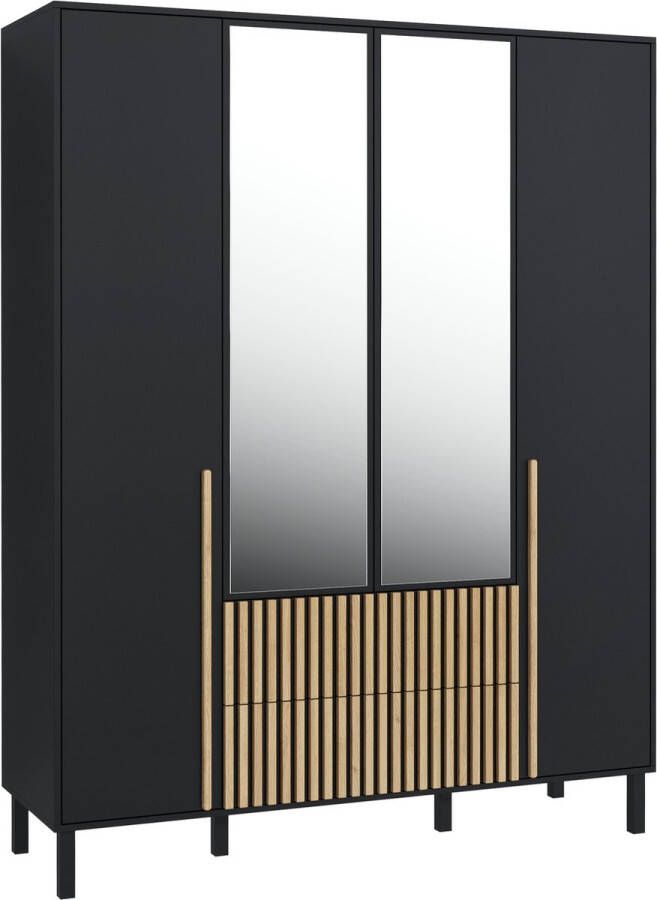 Promeubels Pro-meubels Kledingkast Alvin 4 Zwart mat 160cm Met spiegel Kast Garderobekast Opbergkast Slaapkamer