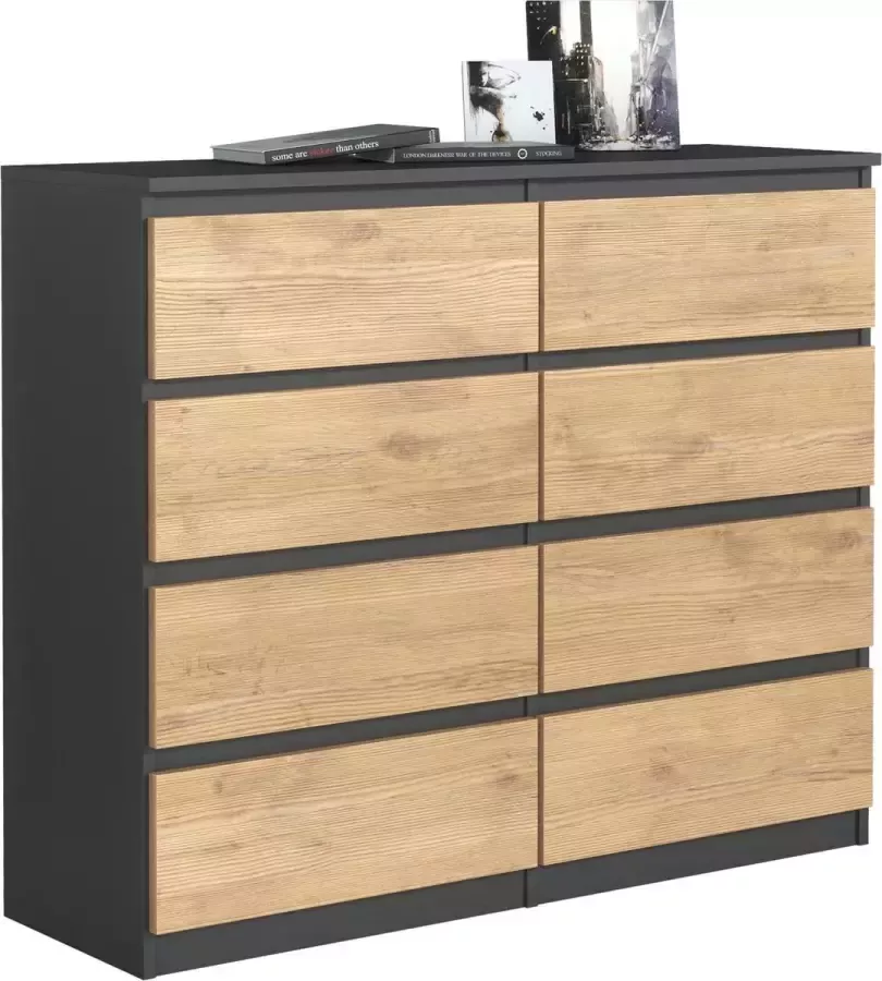 Promeubels Pro-meubels Ladekast Ibis Antraciet Eiken 120cm 8 lades Opbergkast Commode