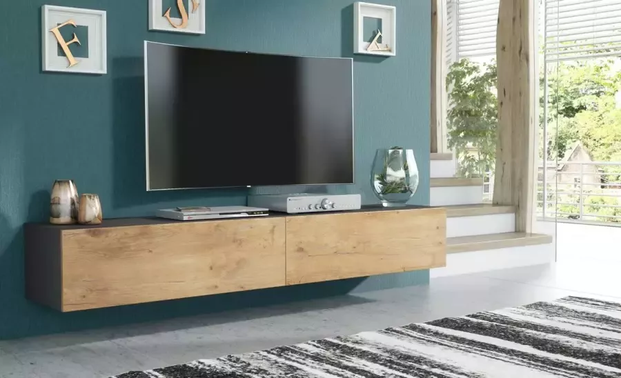 Promeubels Pro-meubels Zwevend Tv-meubel Tv kast Tunis Antraciet Eiken 200cm 2x100cm