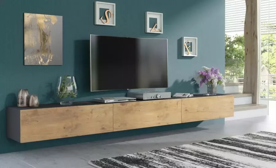 Promeubels Pro-meubels Zwevend Tv-meubel Tv kast Tunis Antraciet-Eiken 300cm 3x100cm - Foto 1