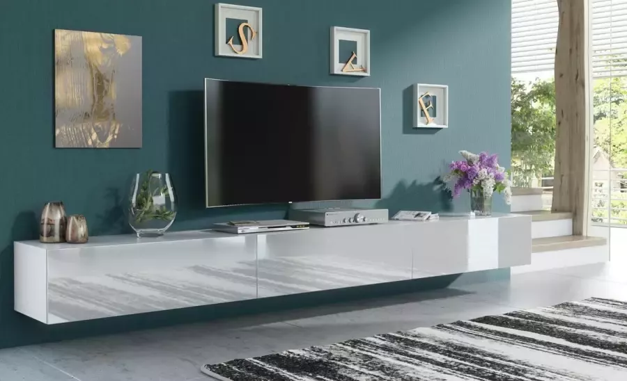 Promeubels Pro-meubels Zwevend Tv-meubel Tv kast Tunis Hooglans wit 300cm 3x100cm