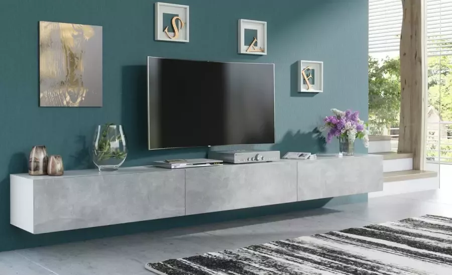 Pro-meubels Zwevend Tv-meubel TV kast Tunis Wit Betonlook 300cm 3x100cm