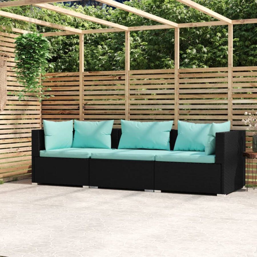 Prolenta Premium Driezitsbank met kussens poly rattan zwart