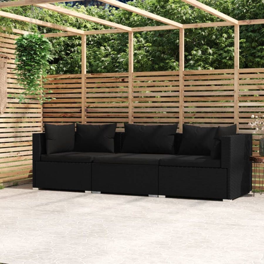 Prolenta Premium Driezitsbank met kussens poly rattan zwart