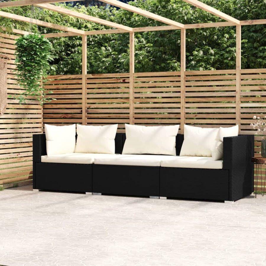 Prolenta Premium Driezitsbank met kussens poly rattan zwart