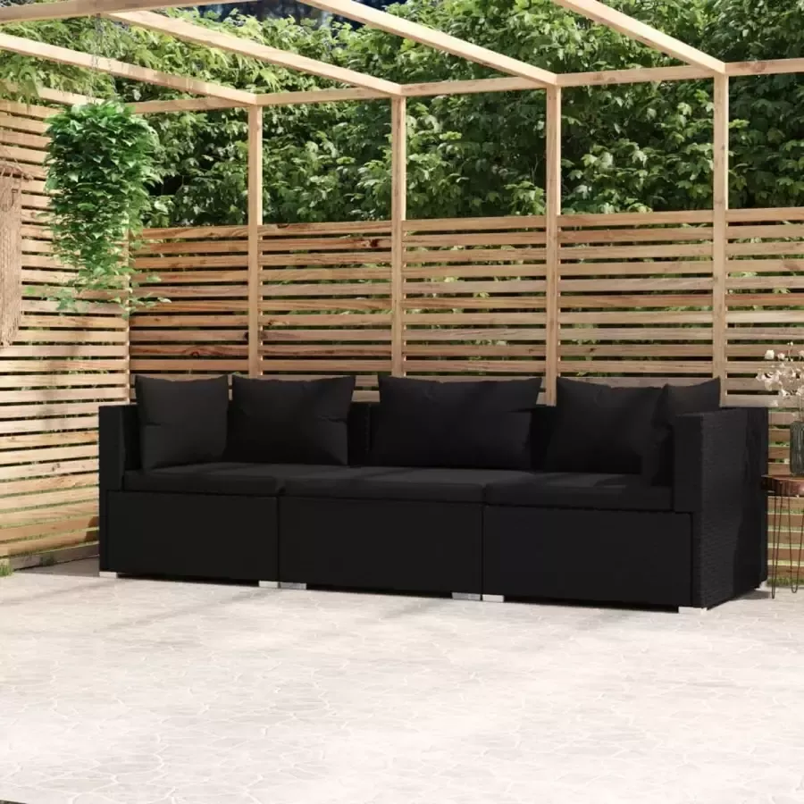Prolenta Premium Driezitsbank met kussens poly rattan zwart