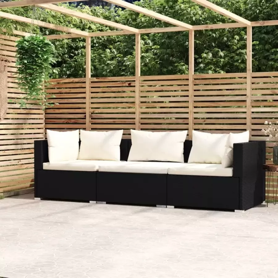Prolenta Premium Driezitsbank met kussens poly rattan zwart