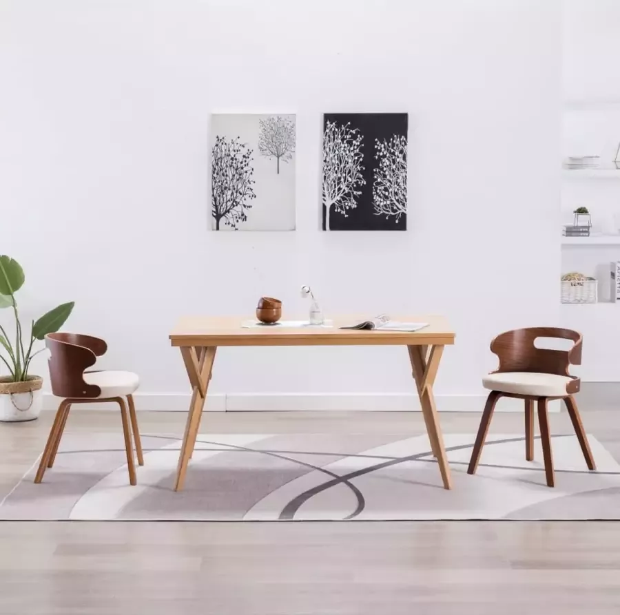 Prolenta Premium Eetkamerstoelen 2 st gebogen hout en kunstleer crèmekleurig