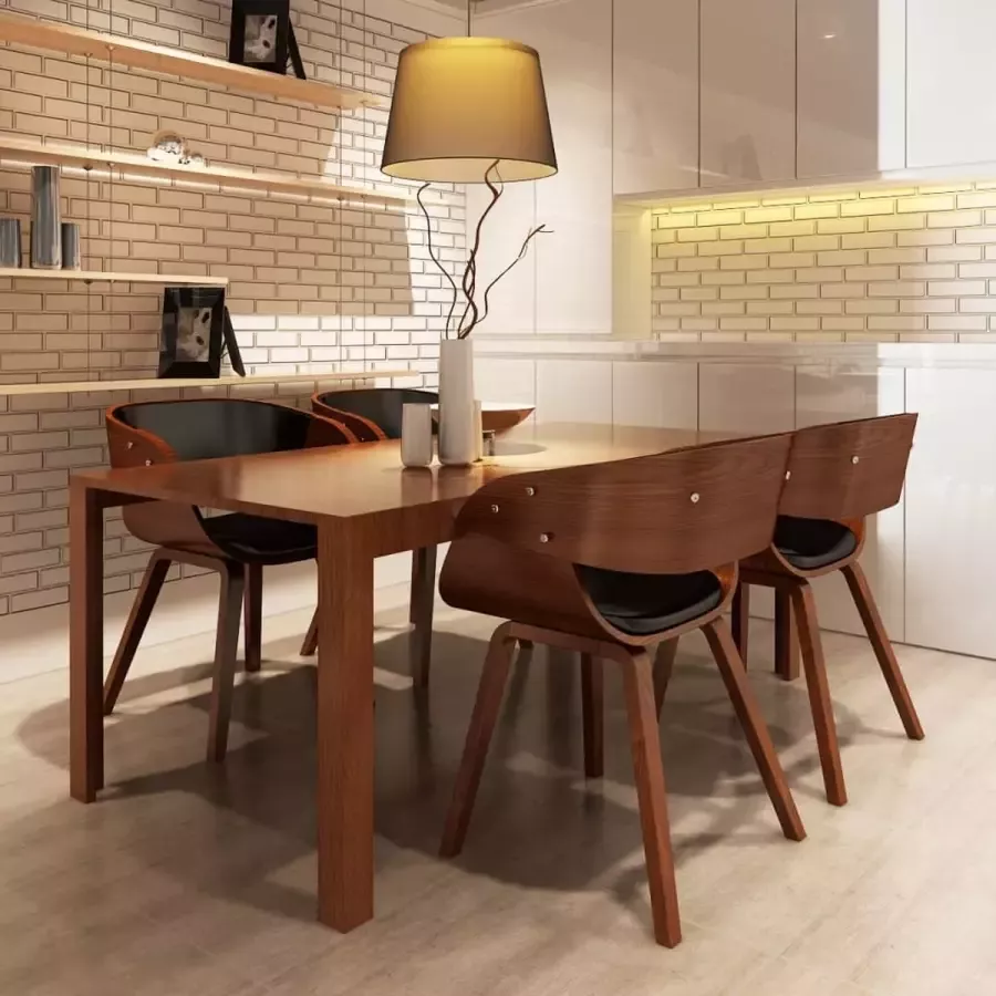 Prolenta Premium Eetkamerstoelen 4 st gebogen hout en kunstleer bruin