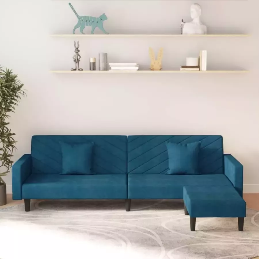 ForYou Prolenta Premium Slaapbank 2-zits met 2 kussens en voetenbank fluweel blauw