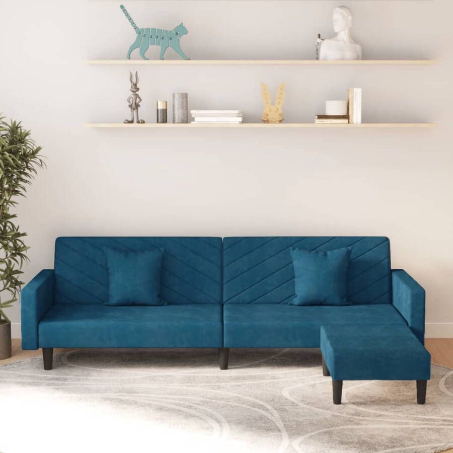 Prolenta Premium Slaapbank 2-zits met 2 kussens en voetenbank fluweel blauw