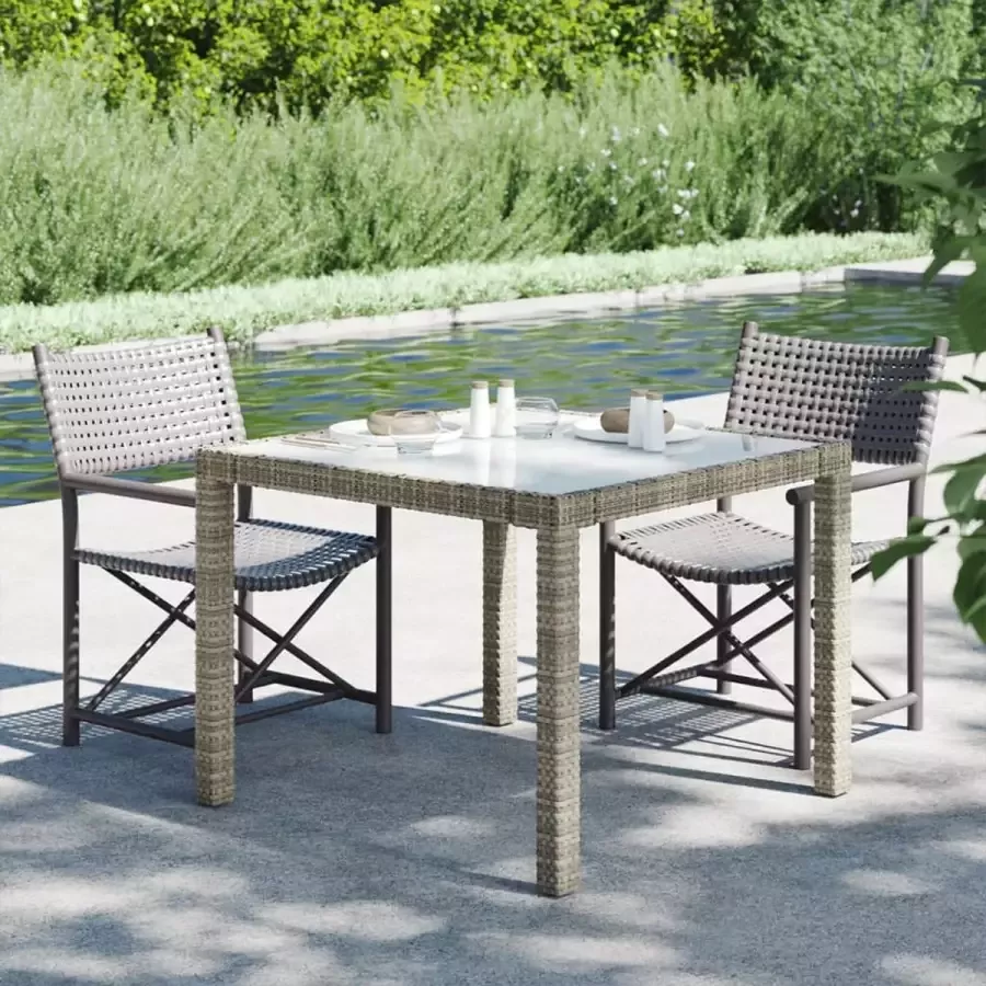 Prolenta Premium Tuintafel 90x90x75 cm gehard glas en poly rattan grijs