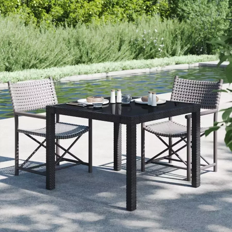 Prolenta Premium Tuintafel 90x90x75 cm gehard glas en poly rattan zwart