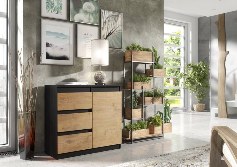 Promeubels Pro-meubels Dressoir Milton Zwart mat Eiken 80cm Kast Opbergkast Slaapkamer Commode