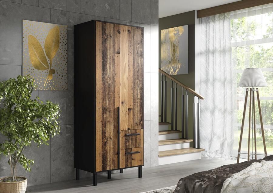 Promeubels Pro-meubels Kledingkast Alvin 2 Zwart mat Old wood 81cm Garderobekast