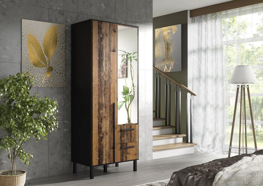Promeubels Pro-meubels Kledingkast Alvin 2 Zwart mat Old wood 81cm met spiegel Garderobekast Kast Slaapkamer Opbergkast