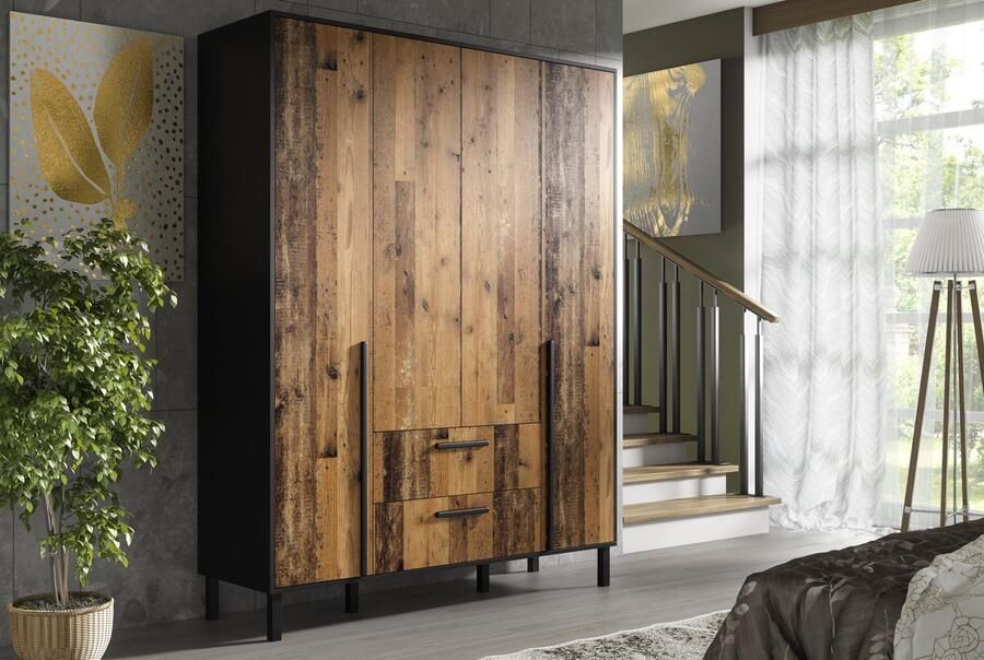 Promeubels Pro-meubels Kledingkast Alvin 4 Zwart mat Old wood 160cm Kast Garderobekast Opbergkast Slaapkamer