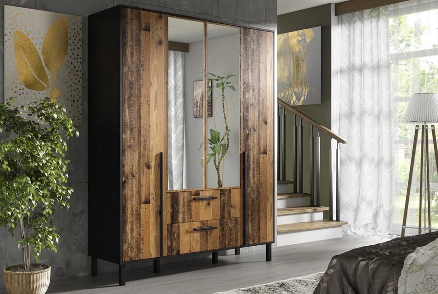 Promeubels Pro-meubels Kledingkast Alvin 4 Zwart mat Old wood 160cm Met spiegel Kast Garderobekast Opbergkast Slaapkamer