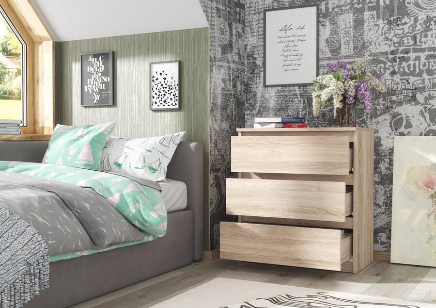 Promeubels Pro-meubels Ladekast Norton Licht eiken 70cm 3 lades Commode Slaapkamer Opbergkast Kast