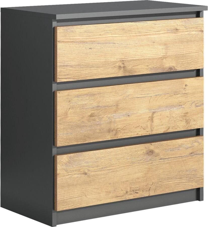 Promeubels Pro-meubels Ladekast Norton Zwart mat eiken 70cm 3 lades Commode Slaapkamer Opbergkast Kast