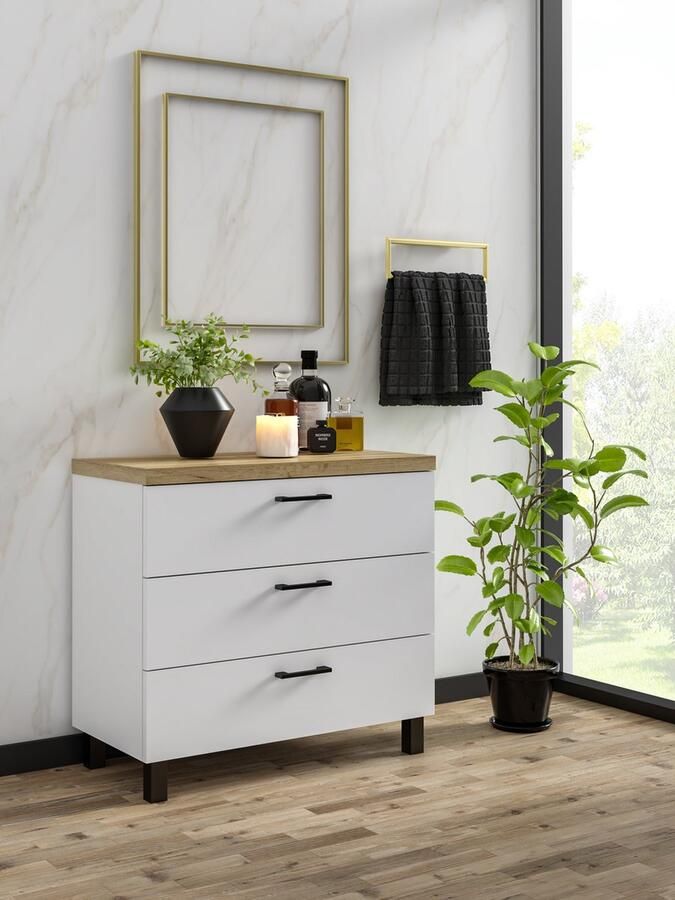 Promeubels Pro-meubels Ladekast Novara Wit Eiken 60cm Opbergkast 3 lades Commode