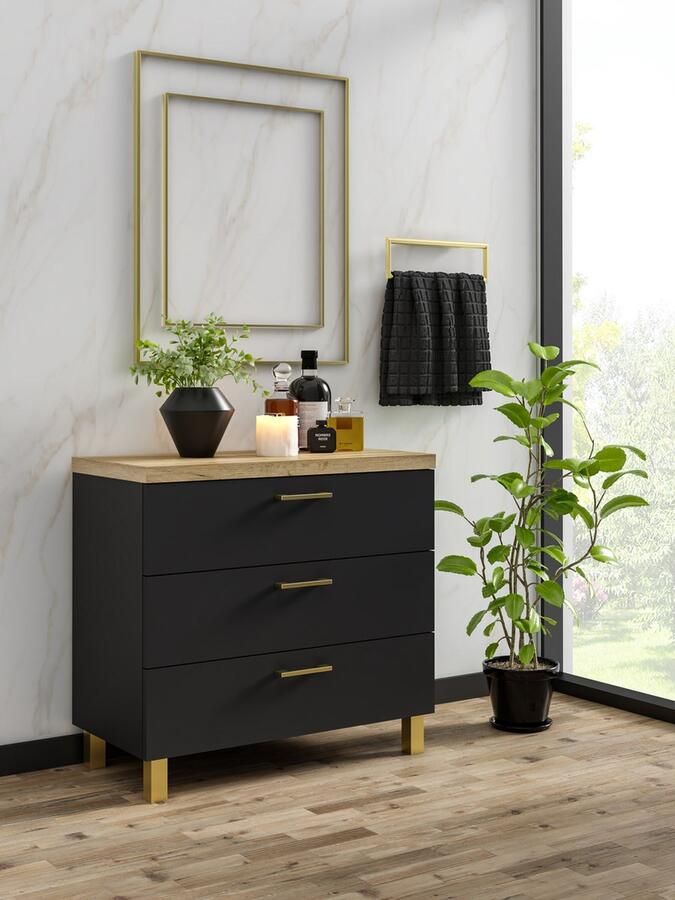 Promeubels Pro-meubels Ladekast Novara Zwart mat Eiken 60cm Opbergkast 3 lades Commode